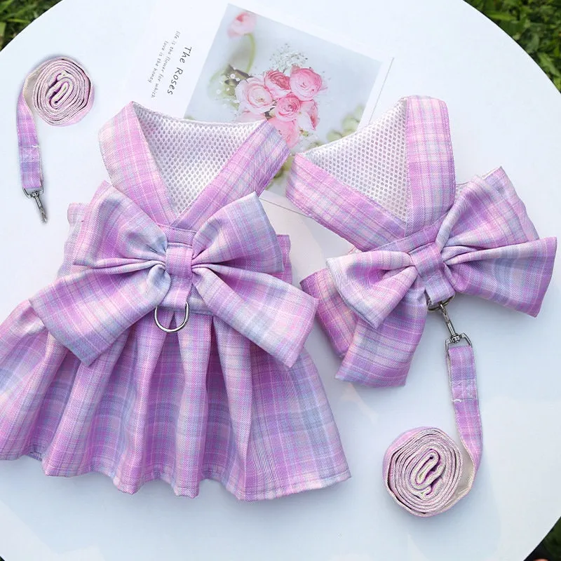Plaid Bow Pet Harness Dress or Vest with Leash Set for Cats and Small Dogs