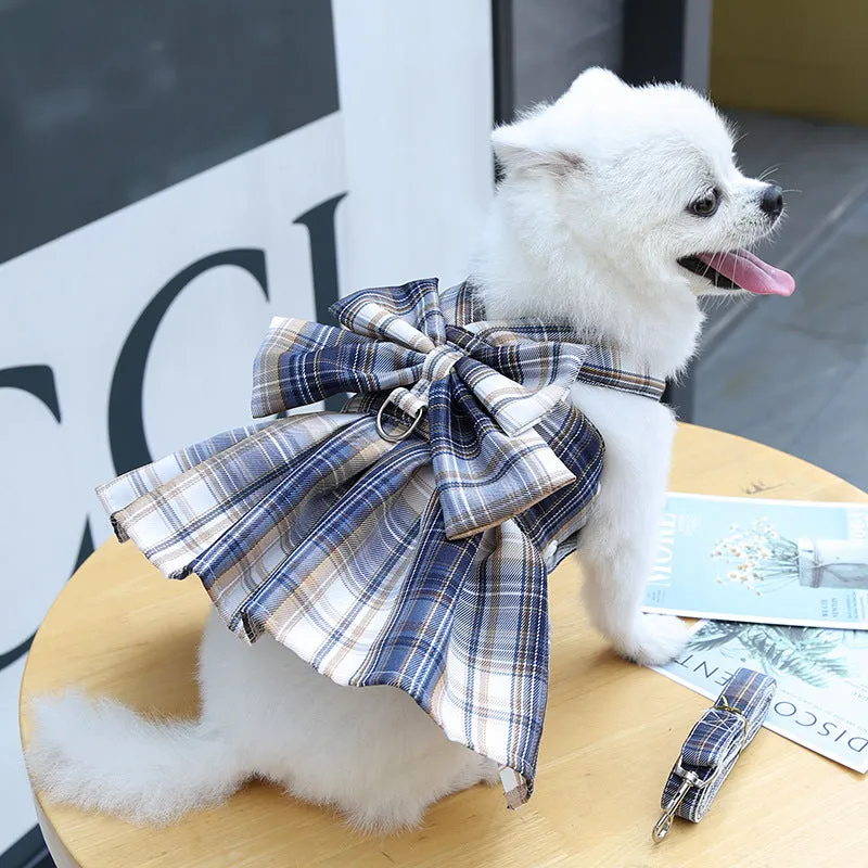 Plaid Bow Pet Harness Dress or Vest with Leash Set for Cats and Small Dogs