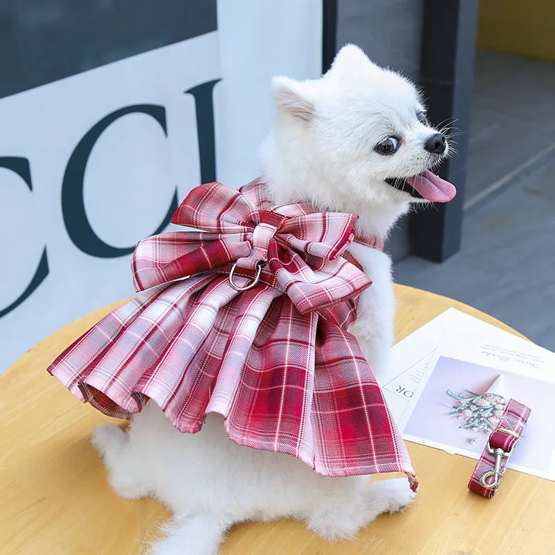Plaid Bow Pet Harness Dress or Vest with Leash Set for Cats and Small Dogs