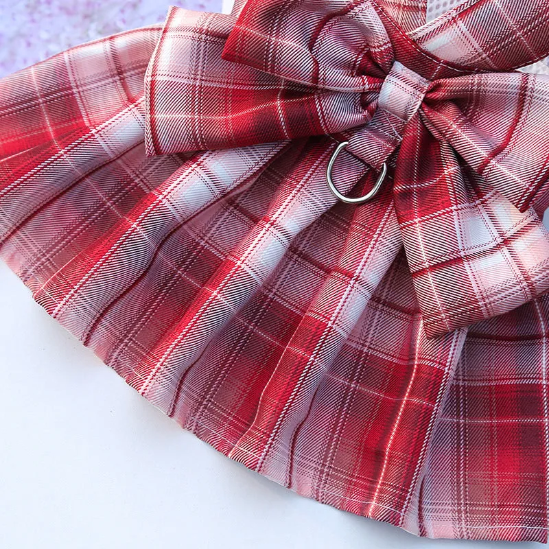 Plaid Bow Pet Harness Dress or Vest with Leash Set for Cats and Small Dogs