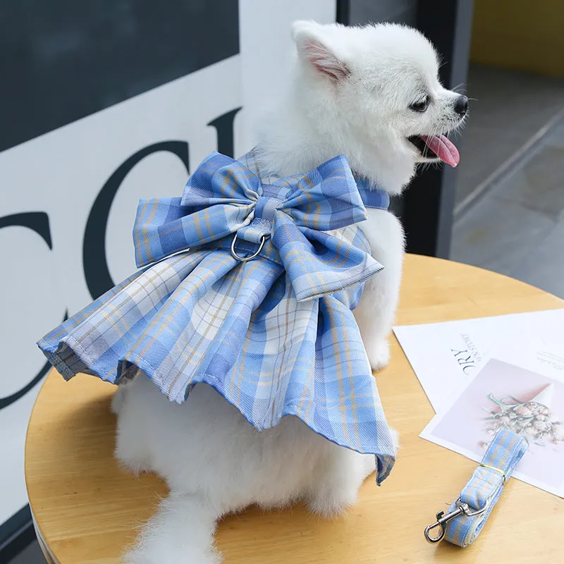 Plaid Bow Pet Harness Dress or Vest with Leash Set for Cats and Small Dogs