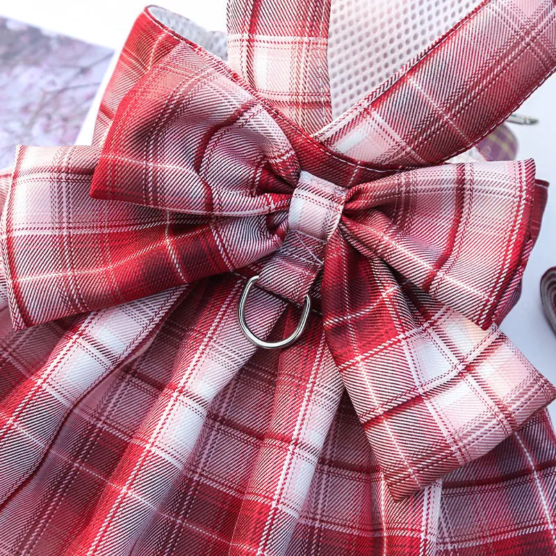 Plaid Bow Pet Harness Dress or Vest with Leash Set for Cats and Small Dogs