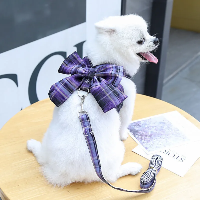 Plaid Bow Pet Harness Dress or Vest with Leash Set for Cats and Small Dogs