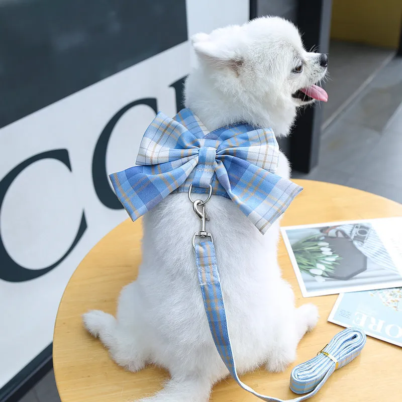 Plaid Bow Pet Harness Dress or Vest with Leash Set for Cats and Small Dogs