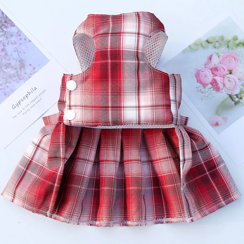 Plaid Bow Pet Harness Dress or Vest with Leash Set for Cats and Small Dogs