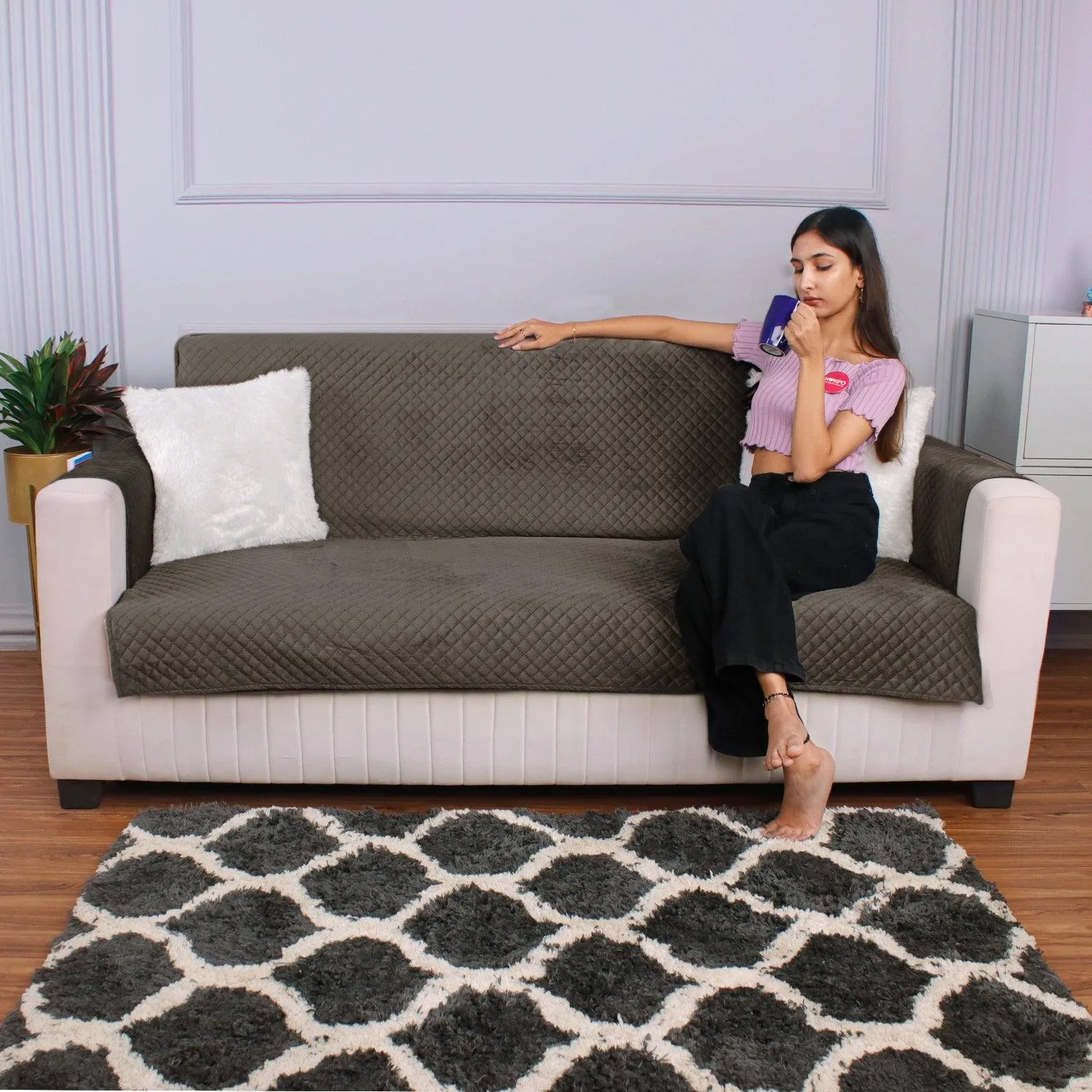 Quilted Velvet Sofa Cover Mat with Side Pockets, Pet Friendly, Taupe Brown