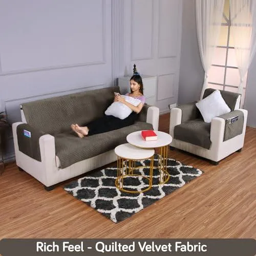 Quilted Velvet Sofa Cover Mat with Side Pockets, Pet Friendly, Taupe Brown
