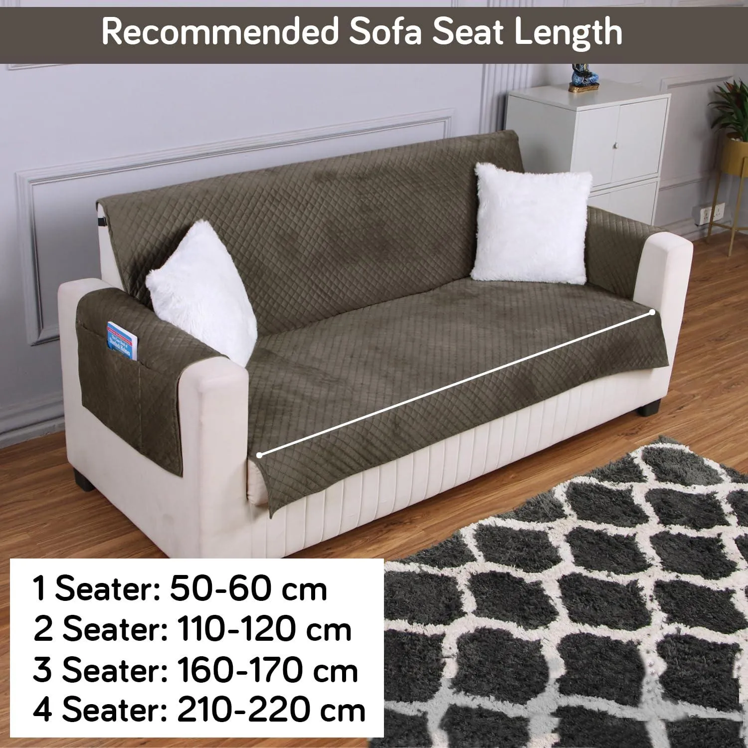 Quilted Velvet Sofa Cover Mat with Side Pockets, Pet Friendly, Taupe Brown