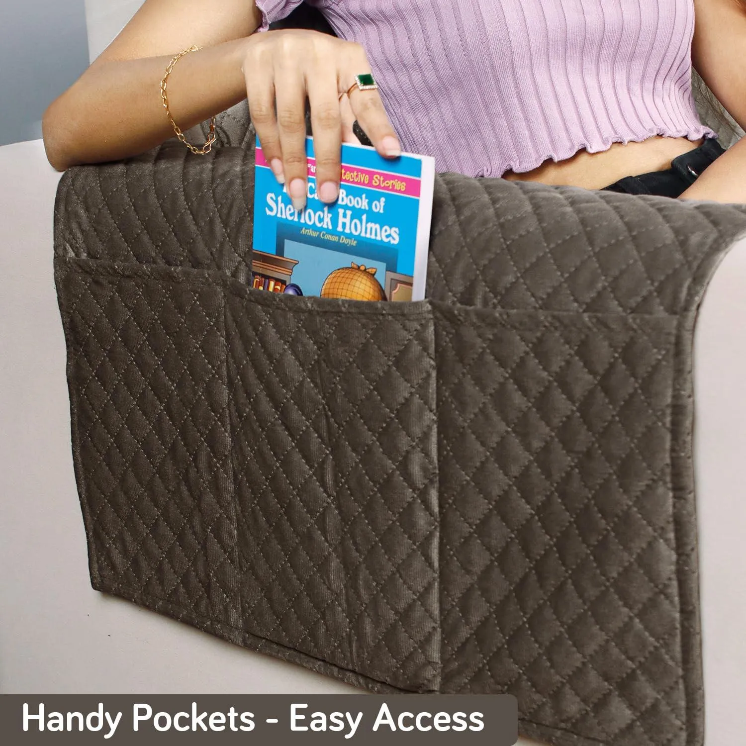 Quilted Velvet Sofa Cover Mat with Side Pockets, Pet Friendly, Taupe Brown