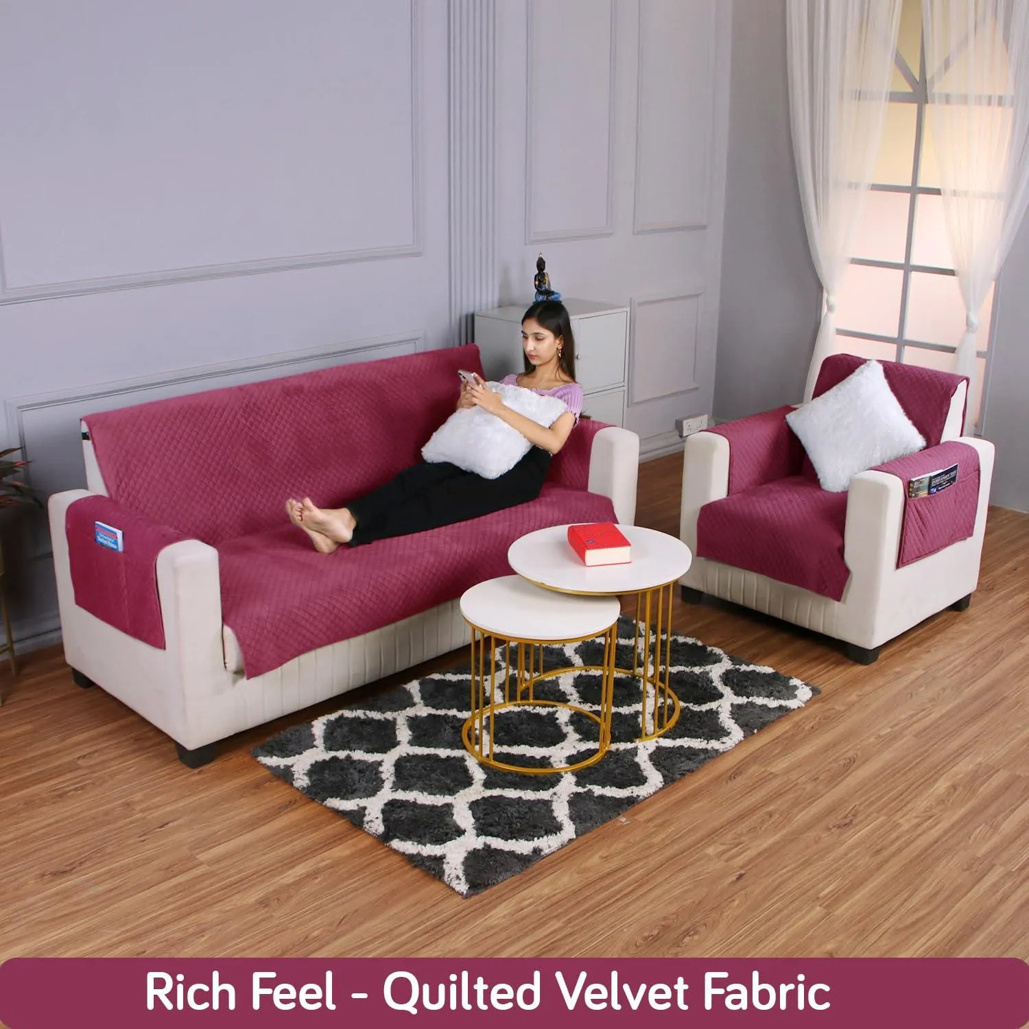 Quilted Velvet Sofa Cover Mat with Side Pockets, Pet Friendly, Wine