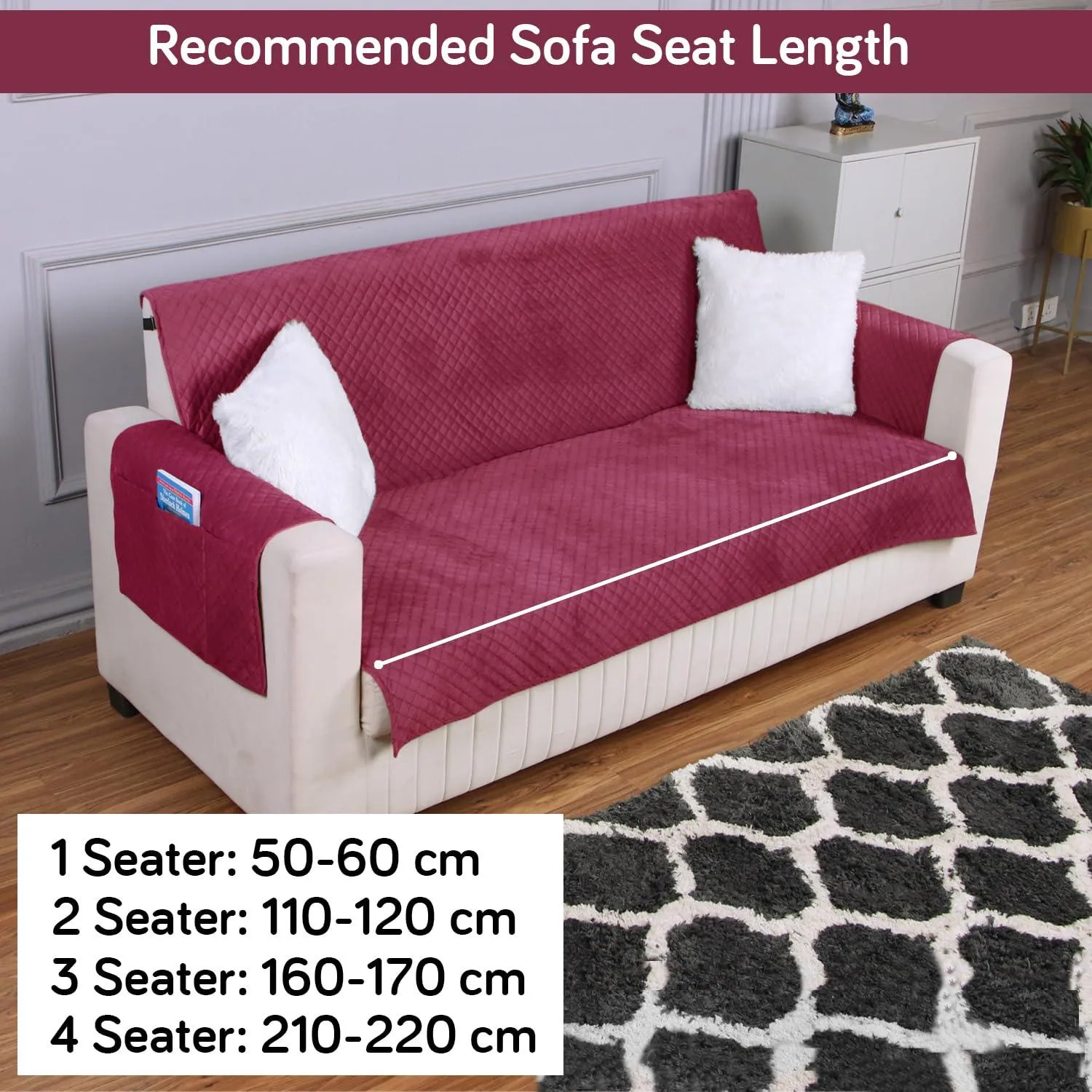 Quilted Velvet Sofa Cover Mat with Side Pockets, Pet Friendly, Wine